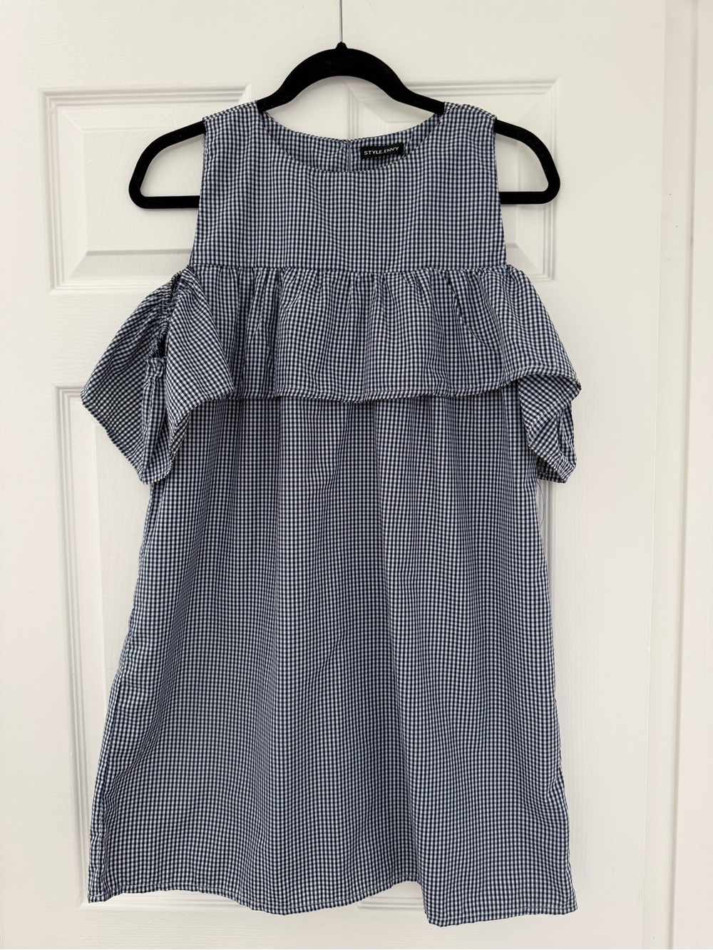 Navy Gingham Off The Shoulder Ruffle Dress